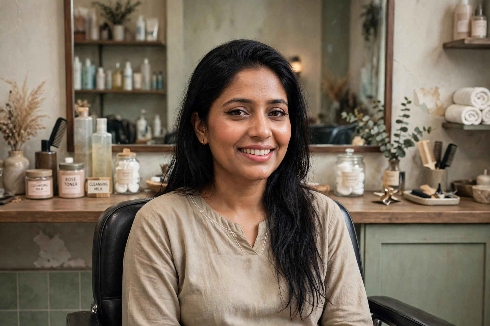 Same woman radiant with glowing skin and beautiful styled hair after treatments