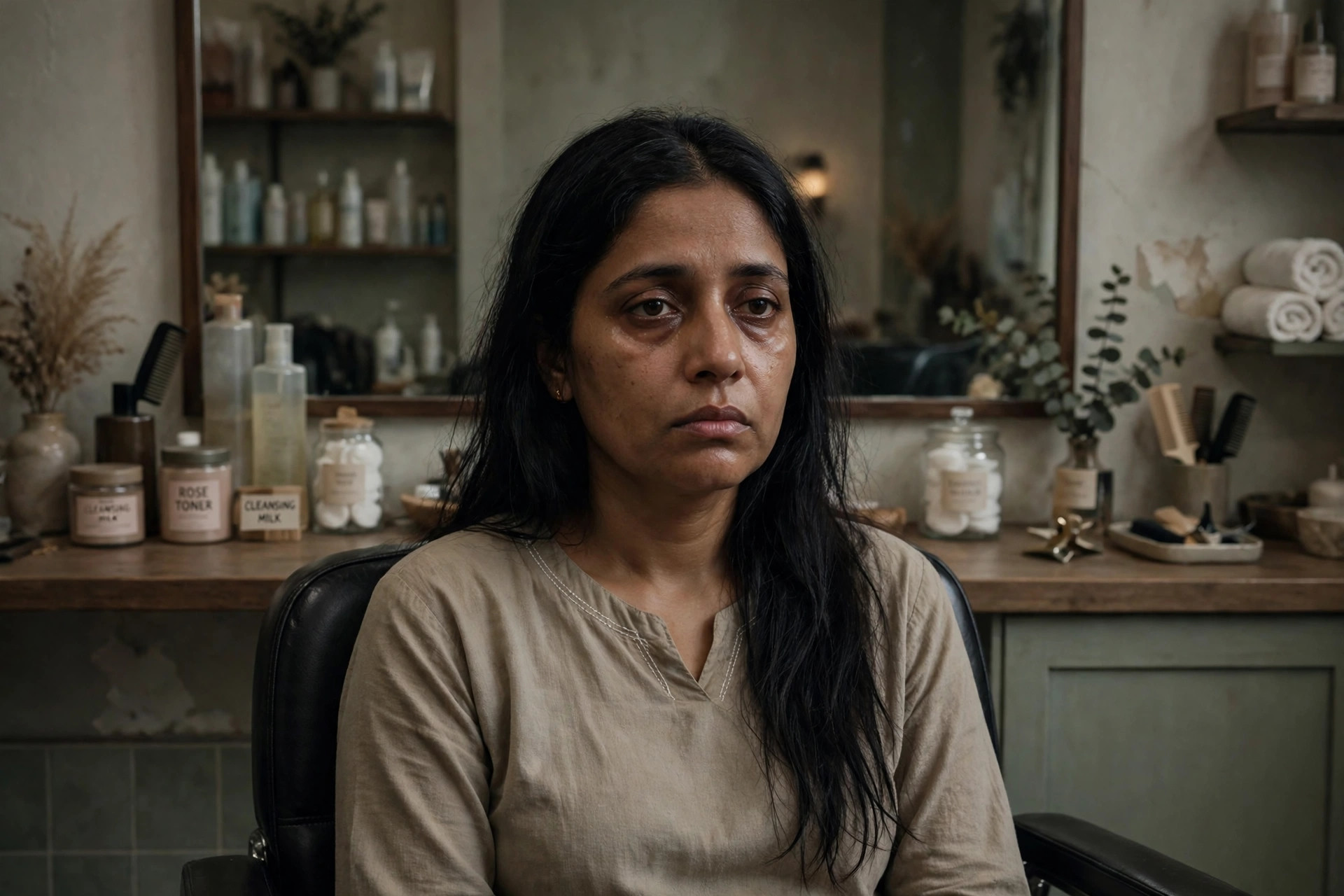 Woman with tired skin and dull hair before parlour treatments